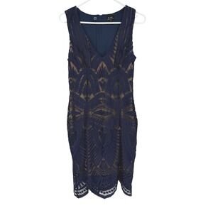 Bardot Navy Lace Sheath Dress Sleeveless V Neck Knee Length Midi Size US 4 Party